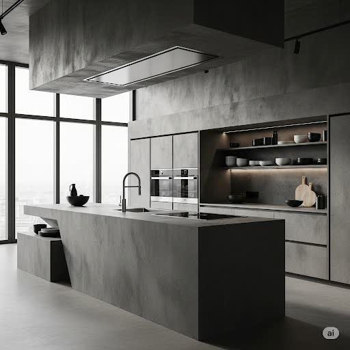 A brutalist bedroom interior
