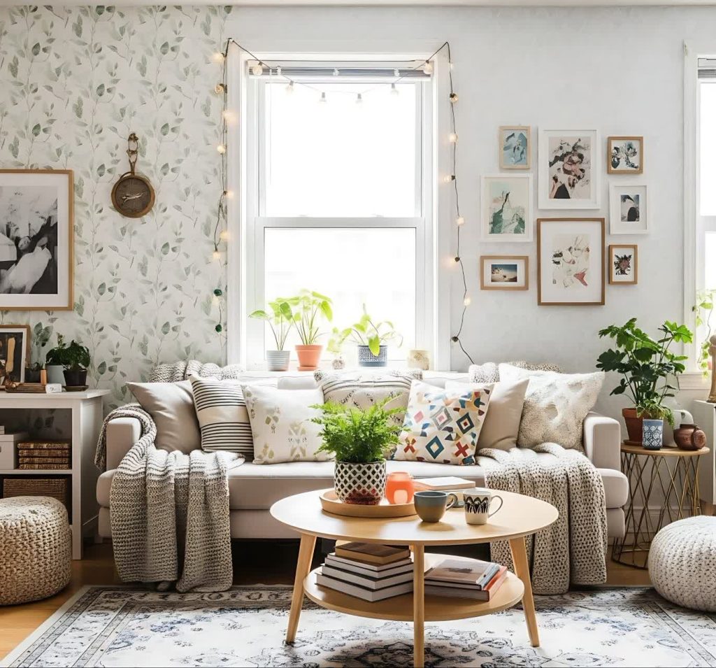 Renter-friendly wall decor in a cozy apartment with peel-and-stick wallpaper