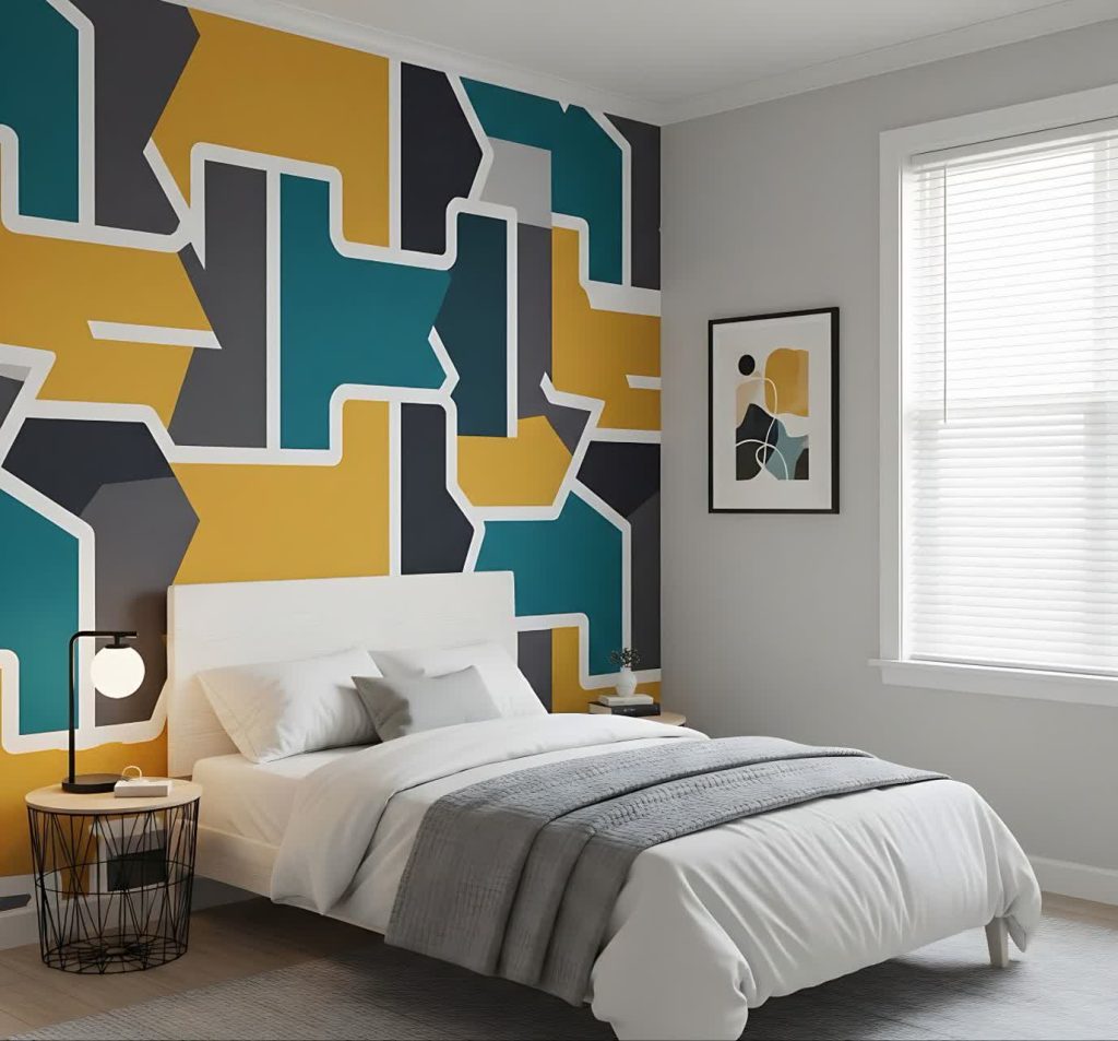 Apartment wall decorating ideas with geometric peel-and-stick wallpaper
