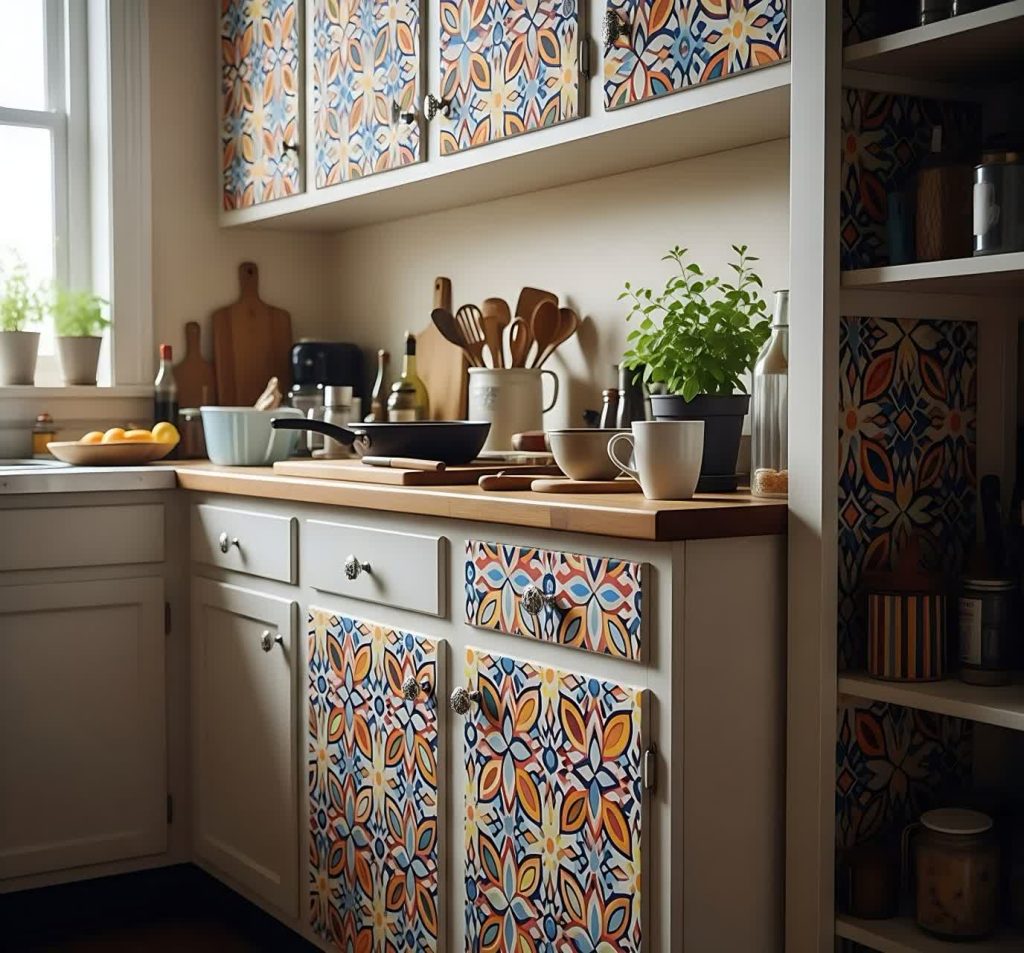 DIY renter-friendly decor with peel-and-stick wallpaper on furniture