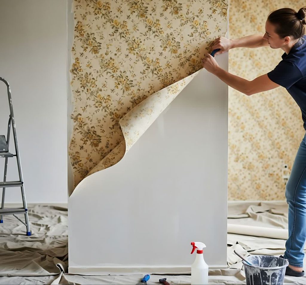 No-damage wallpaper for rentals being removed from an apartment wall